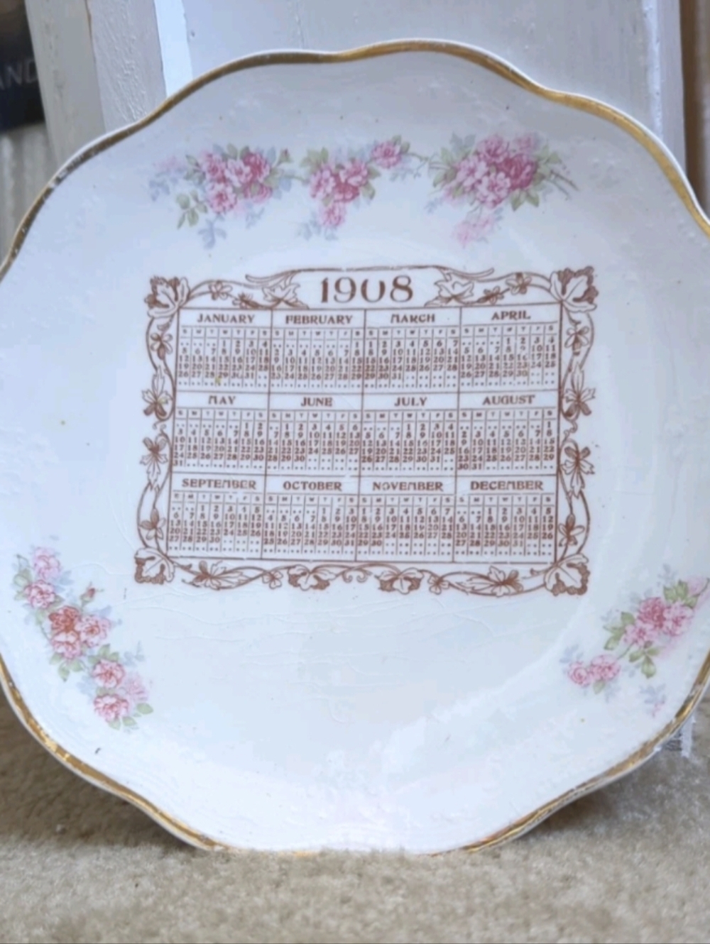 Antique 1908 Floral Calendar Plate 8.25"Gold Trim Smith Phillips Semi Porcelain